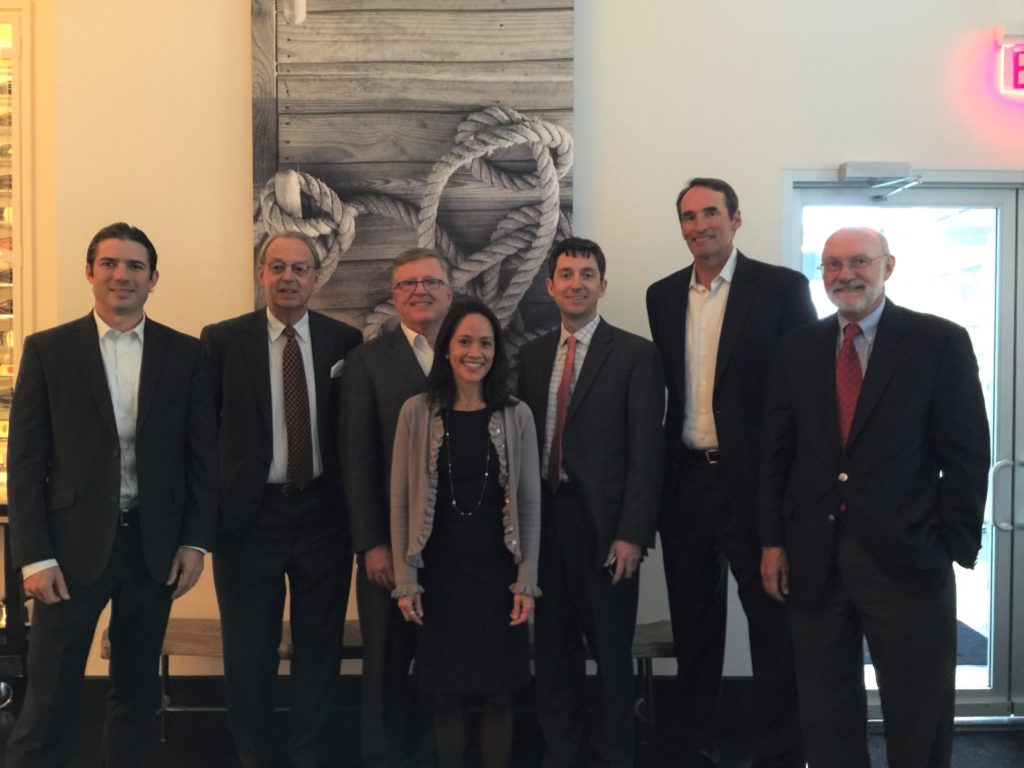 Downtown dinner meeting with DFA Founding Chairman, David Booth, (standing behind Renée Kwok's right shoulder) and DFA current CEO, David Butler (on Warner Henderson's right). Ca 2017